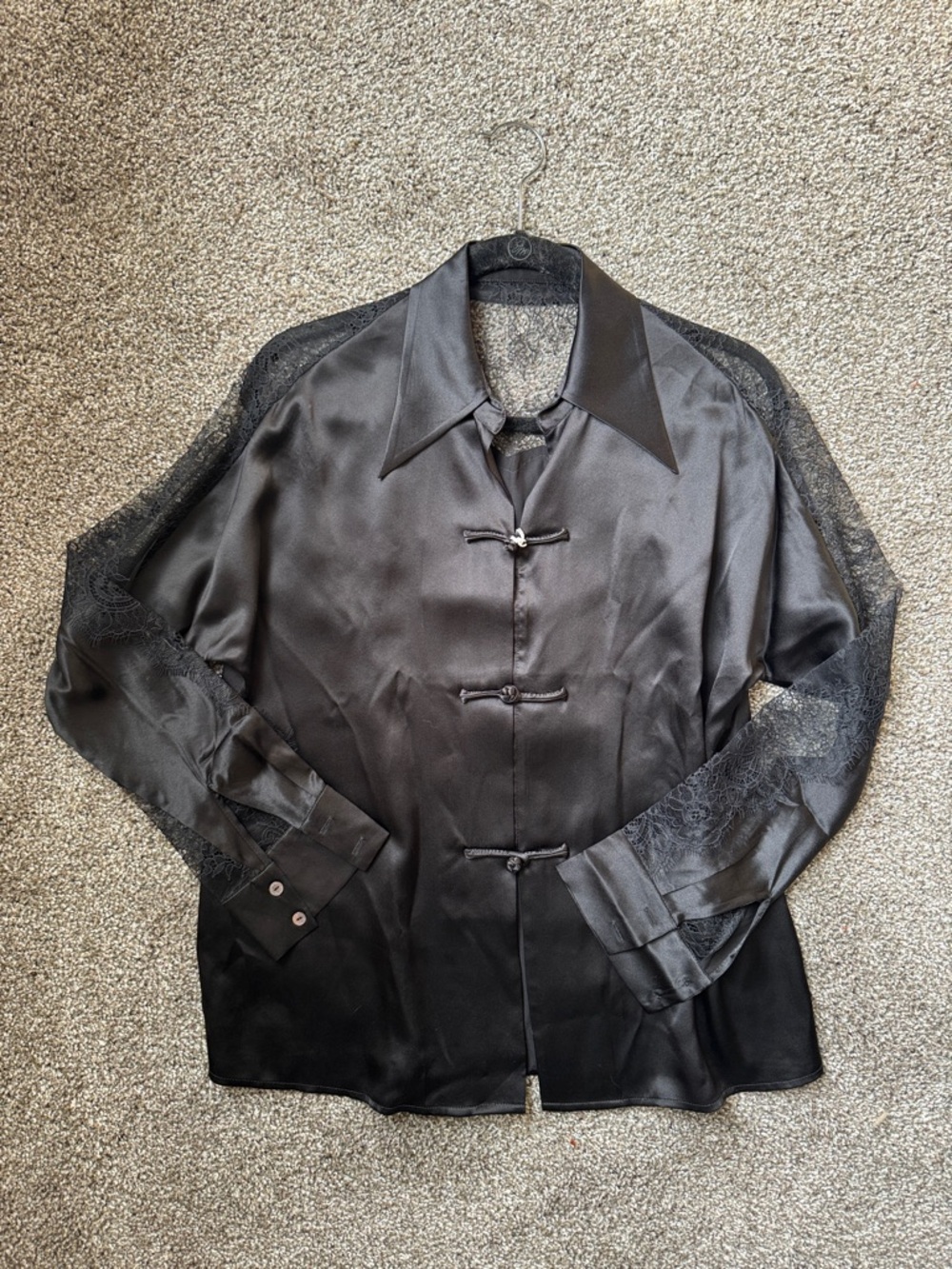 Black Silk Chinese Knot Button Blouse with Lace Sleeves
